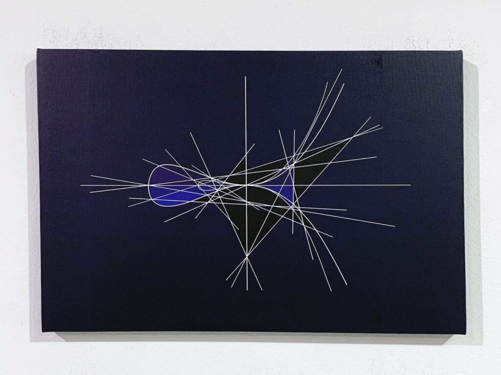 Dark canvas with white lines and blue shapes
